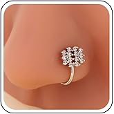 Yheakne Punk Rhinestone Nose Ring Gold Cz Square Nose Cuff Crystal Septum Nose Rings U Shaped Clip On Nose Stud Paved Cz Hoop Nose Piercing Jewelry for Women