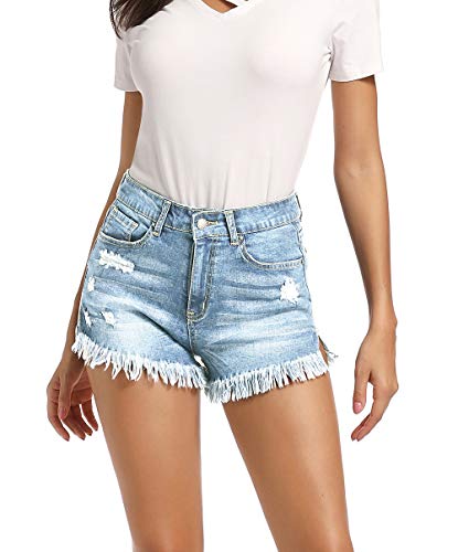 NEWFANGLE Women\' Casual Denim Jean Shorts,Mid-Rise Frayed Raw Hem Ripped Hot Short,Light Blue,XL