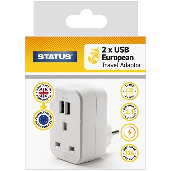 STATUS UK to EU European Plug with USB Port Adapter, 3 Pin to 2 Pin European Travel Adaptor, White 2 Port USB Adapter Plug (S2USBTEURO)