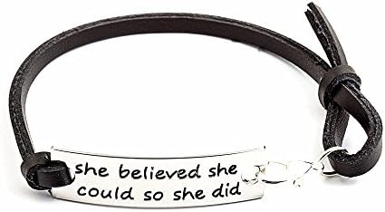 Minestone"She Believed She Could So She Did" Inspirational Hand Stamped Leather Bracelet Women Gift Girls Gift (Black)