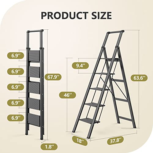 5 Step Ladder Folding, Portable Lightweight Ladder with Handgrip