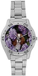 Fathers/Boyfriends Gifts Lovely Spaniel Dogs and Purple Flowers Men's Stainless Steel Analog Watch
