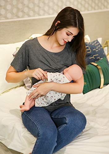 Smallshow 3 Pcs Maternity Nursing T-Shirt Nursing Tops White Stripe-Black-Grey Large
