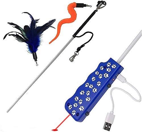 Pet Fit For Life Interactive Chaser Wand, Rechargeable LED Pointer - Pet Safe Handheld Wand with Feather Teaser, Squiggly Worm with Bird Sound Simulator for Cats & Kittens
