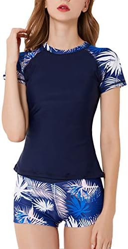 Women's Surf Rash Guard Short Sleeve Zip Front Sun ProtectionTwo Piece Boyshort Swimsuit