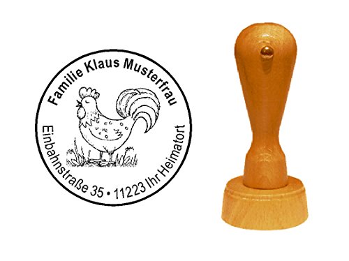 Stempel Adressenstempel Motivstempel « HAHN VINTAGE » Durchmesser ca. à 40 mm - mit persönlicher Adresse und Motiv - Bauer Bauernhof Ei Farmer Huhn