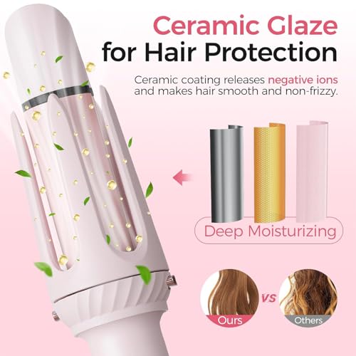 Automatic Hair Curler 3 in 1 Pink – Ceramic Coating Ice, Fast Heating 30s, 5 Temperatures (160°C-200°C), 40min Auto Off, Sound Alert, Pink