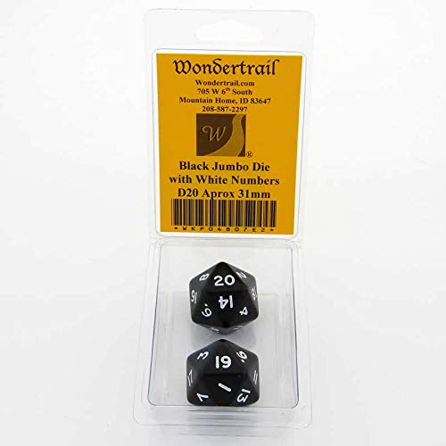 Black Jumbo Dice with White Numbers D20 31mm Pack of 2 Wondertrail