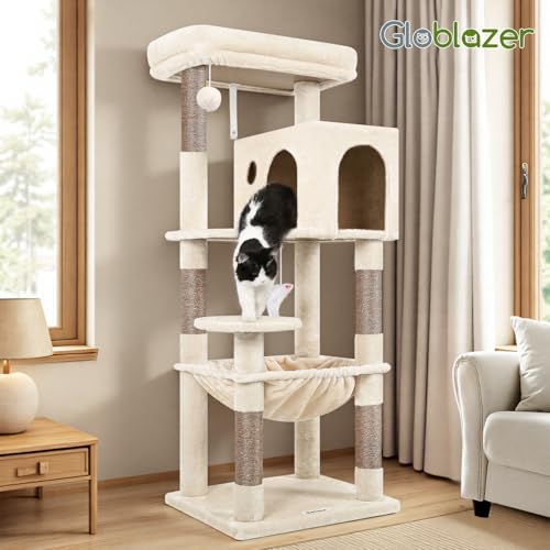 Globlazer Beige Cat Tree 137 cm with Extra Large Hammock 45 x 40 cm, Large Kennels, Padded Platform, Easy to Install Indoor Cat Trees for Adult Cats Rest, Scratching Game (F53, Beige)