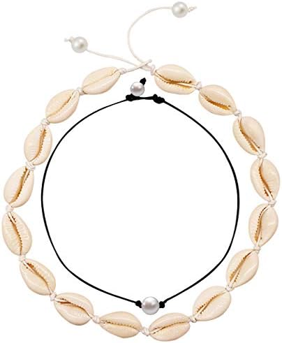 MUYOU Cowrie Shell Choker Necklace for Women Boho Shell Pendant Necklace Corded Seashell Necklace Cowry Collar Necklace Shell Beach Jewelry for Womens (White and Black)
