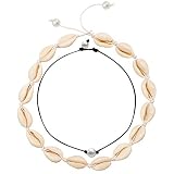 MUYOU Cowrie Shell Choker Necklace for Women Boho Shell Pendant Necklace Corded Seashell Necklace Cowry Collar Necklace Handmade Shell Beach Jewelry for Summer (White and Black)