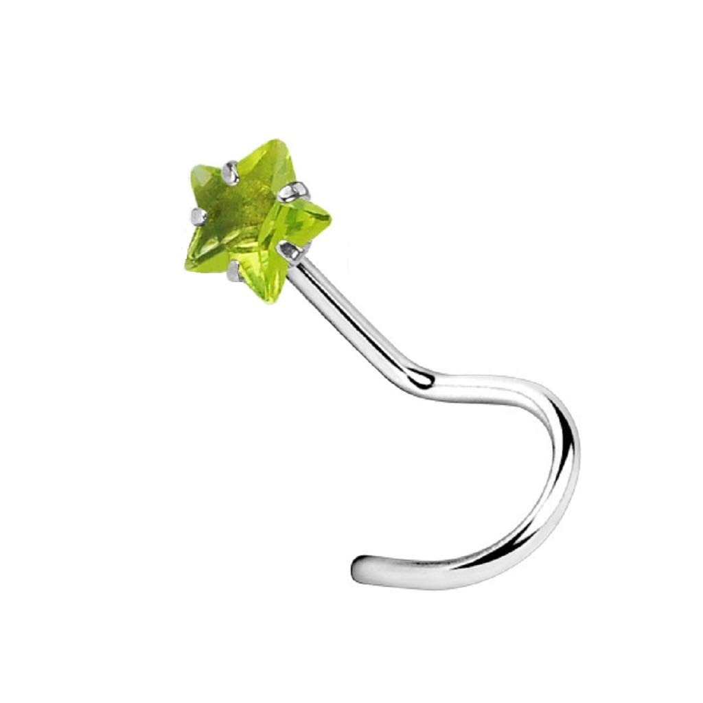 PiercedOff 316L Surgical Steel Nose Screw with Star Shaped Green CZ Gem - Thickness 20GA (0.8mm) / Length 6mm / Star Size 3mm