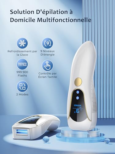 Pulsed Light Hair Remover with Cooling Function, Laser Epilator with 999,900 Flashes, 9 Energy Levels, IPL Hair Removal for Face, Armpits, Legs and Bikini - Men and Women, White