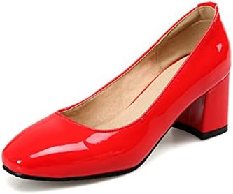 VASHOP Women's Patent Leather Squared Toe Block Mid Heel Mary Jane Pumps,Red/5