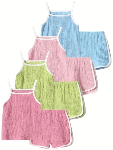 Fdqin 8 Piece Short Set for Girls Camisole Tops and Contrast Binding Beach Shorts Cotton Linen Clothes Set Multicolor 9 Years at Amazon