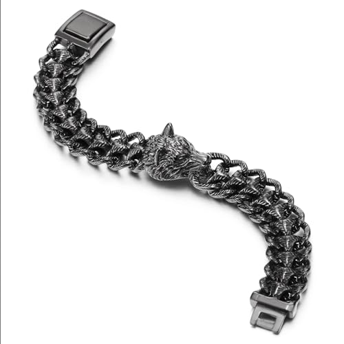 Men's Stainless Steel Wolf Head Bracelet, Texture Scale Chain Link Chain Barbada, Vintage Nordic Viking
