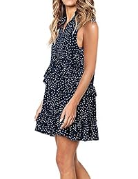 Chunoy - Vestido sin mangas para mujer, cuello en V, volantes, lunares, con bolsillo