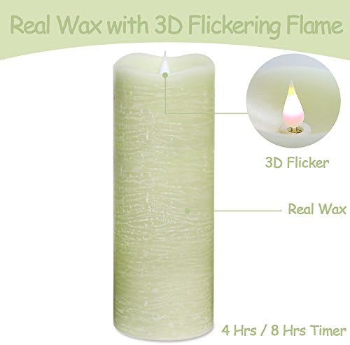 Flameless Candles with Timer, Flickering Flameless Candles, Battery Operated LED Candles with Moving Wick, 9 inch Large Flameless Pillar Candles with Dancing Flame(Sage)(Large)