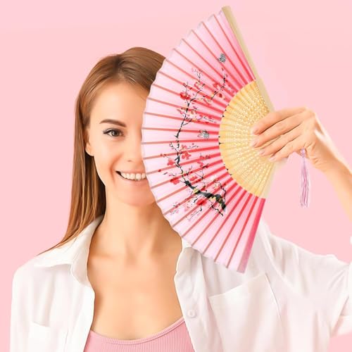 Chinese Folding Fan, Vintage Bamboo Hand Fan with Silk Tassel, Traditional Handheld Fans for Women, Wedding Dance Photo Props & Home Decors, Foldable Retro Design (32cm, Rose Pink)