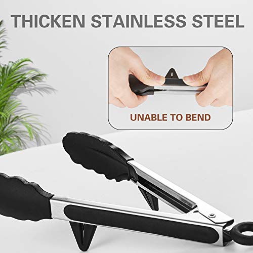 kenpiko Tongs for Cooking with Silicone Tips, 2 Pack Food-Grade Kitchen Tongs with Premium and Durable Stainless Steel, Silicone Tongs with Grill Brush and Cleaning Brush for Cooking, BBQ and Salad
