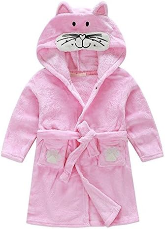 DONA Little Girl's Coral Fleece Bathrobe Unisex Kids Robe Pajamas Sleepwear (Pink Cat, 90/24M)