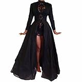 Women Black Long Cloak Cape Chiffon Lace Floral Short Dress 2Pcs Outfit Cocktail