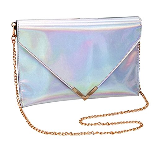 Sherry Shoulder Bag Fashion Women Holographic Envelope Clutch Handbag Chain Crossbody Bag Tote Purse (Silver)