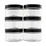 Six 4oz Clear Straight Sided PET Plastic Jars w Labels & Spatulas & Black Lids (6 Jars); Low Profile Refillable Empty BPA-free Containers Great for Cosmetics, Kitchen, Gifts & Travel (6-pack, clear)
