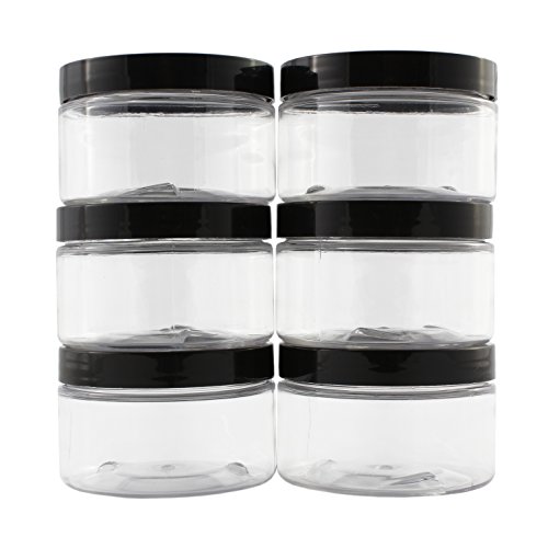 Six 4oz Clear Straight Sided PET Plastic Jars w Labels & Spatulas & Black Lids (6 Jars); Low Profile Refillable Empty BPA-free Containers Great for Cosmetics, Kitchen, Gifts & Travel (6-pack, clear)