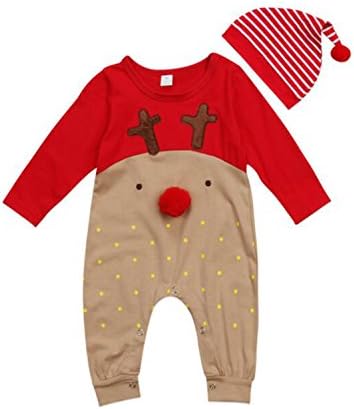 FIZUOXVE Newborn Baby Toddler Long Sleeve Cute Elk Pattern Long Sleeve Rompers Outfit With Hat 0-6 Months