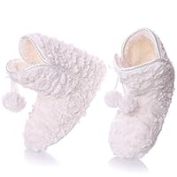 RONGBLUE Womens Christmas Faux Fur Slipper Boots Soft Warm Fuzzy Sherpa Lining Winter House Indoor Shoes with Pompom White, 8-9.5 M US