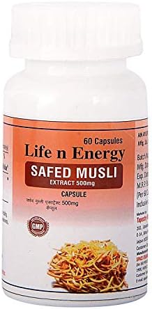 Life N Energy 100% Premium Herbal Safed Musli (Chlorophytum Borivilianum) Extract Dietary Supplement for Increasing Physical Stamina 500 Mg 60 Capules