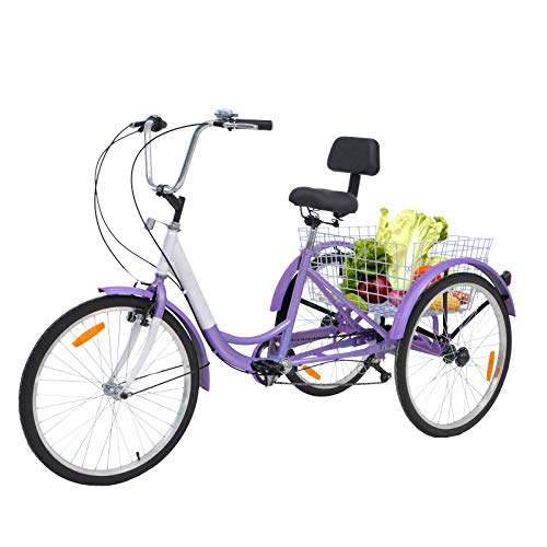 Barbella Adult Tricycle, 24-Inch Single and 7 Speed Three-Wheeled Cruise Bike with Large Size Basket for Recreation, Shopping, Exercise Men’s Women’s Bike (Purple(7 Speed))