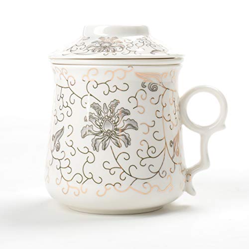 TEANAGOO M01-7 Japanese Tea-Mug with Strainer and Lid, 13.7 OZ, Golden Leaf, Portable Stainless Steel infuser,Infused Tea-Cup Brewing Filter, Steeper Men Mom Home Decor Maker