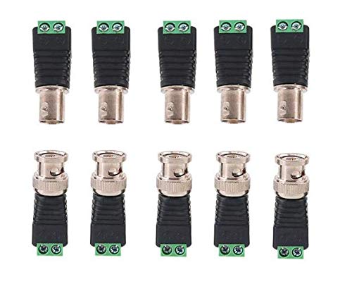 10 Pack Coax BNC Connectors, Coaxial Cat5 Cat6 to BNC Video Balun Connectors Screw Terminal Solderless Socket Adapters for CCTV Surveillance Camera, DVR, TV, Video (5 male + 5 female)