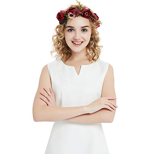 inSowni Handmade Rose Flower Wreath Crown Headband with Ribbon for Women Girls (Burgandy Daisy Ribbon)