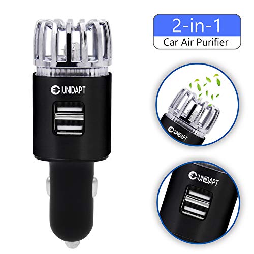 Car Air Freshener, Unidapt Car Air Purifier, USB Car Charger with Dual USB Charging Ports, Air Ionizer, Removes Cigarette Smoke, Dust, Bad Odors, Allergy Relief. (Black)
