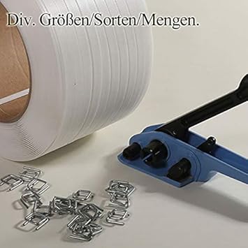 PP-Umreifungsset.16 mm. Umreifungsband 1000 lfm, 300 Klemmen. 1 Spanner.