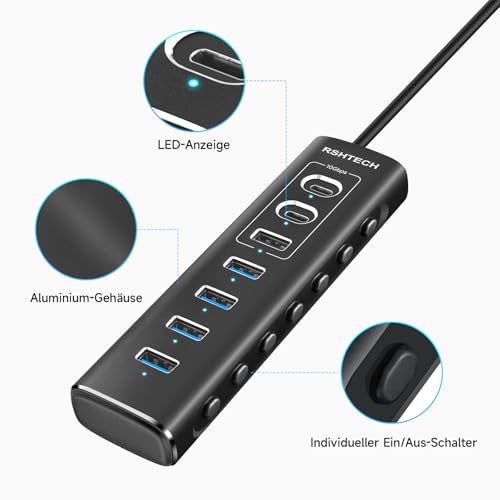 USB Powered Hub, RSHTECH 7 Ports USB 3.2/USB C Hub with USB-A 3.2 to 10Gbps, 2 USB-C 3.2, 4 USB 3.0 Ports to 5Gbps, USB C Hub Aluminum Data Cable 1m, Power Supply 24W, RSH-A107C