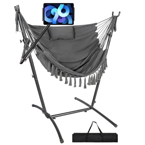 RedSwing Hammock Chair with Mobile Phone Adjustable Bracket, Swing Stand Included, Indoor Outdoor Hanging Chair for Patio Yard Garden Porch Balcony Boho Camping Lounging, Dark Grey