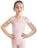 MdnMd Girls' Cap Sleeve Lace Neck Leotard with Bow Back Detail