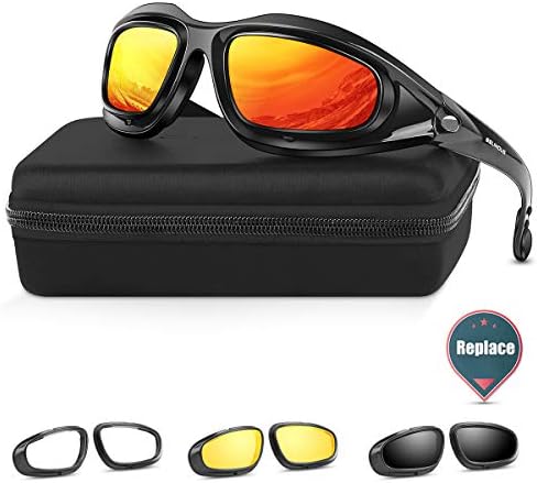 BELINOUS Safety Glasses, Polarized Motorcycle Riding Glasses Goggles Sunglasses Accessory for Men Women, 4 in 1 Copper Smoke Clear Yellow Lenses, Black Frame, Cycling Driving Hunting Fishing Shooting