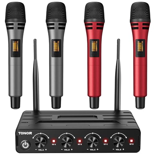 TONOR Mikrofon Kabellos Set mit 4x5 Kanälen Funkmikrofon Handmikrofon drahtlos, Wireless Microphones dynamisch mit Empfänger 60 m Reichweite, stabilen