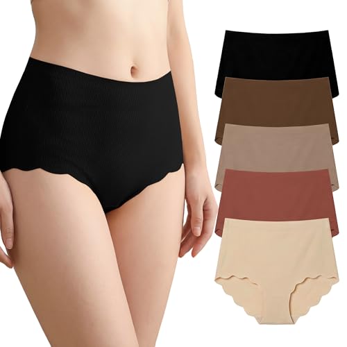 Hellomamma Women's High Seamless Panties: Invisible Soft Microfiber Elastic Panties with Wavy Edge Underwear Full Coverage Tagless for Yoga and Daily Lot of 5