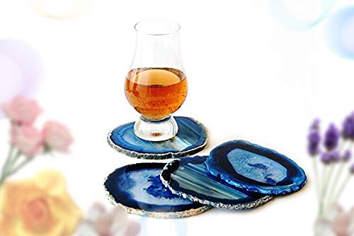 JIC Gem Natural Sliced Dyed Agate Coaster Blue with Rubber Bumper Set of 4 Polished Beverage Coasters Home Decoration 3-3.5"