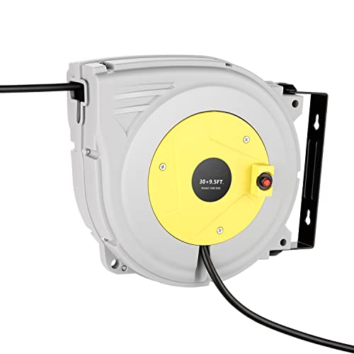 30FT + 9.5FT Retractable Extension Cord Reel, 16 Gauge Power Cord Reel, Ceiling/Wall Mounted Electric Cord Reel with Grounded Triple Tap Outlet + 10A Circuit Breaker + UL Listed
