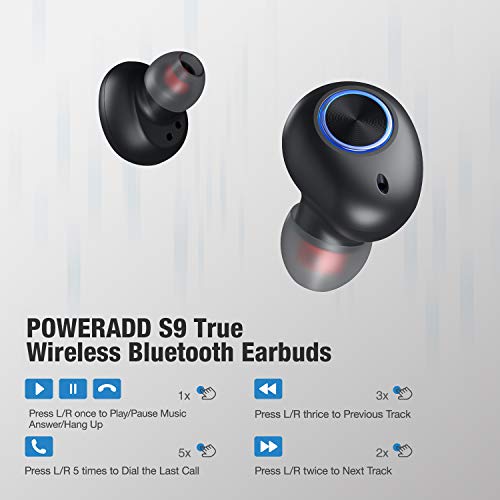 Bluetooth Earbuds Wireless, POWERADD True Wireless Earbud Bluetooth 5.0 Bass Stereo Headphones - IPX7 Waterproof & Noise Cancelling & Ergonomic in-Ear Earphones with Charging Case & Microphones, Black