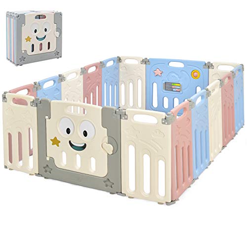 Costzon Foldable Baby Playpen, 16Panel Baby Play Yards with Lock Door & AntiSlip Rubber Bases