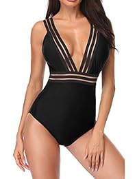 B2prity Trajes de baño de una pieza para dama con control de barriga y cuello en V profundo y malla