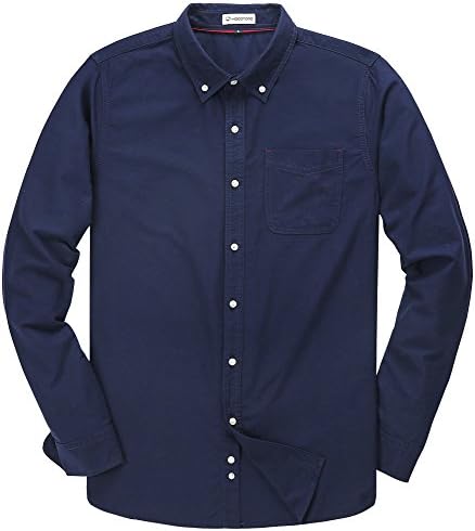 Men's Solid Color Oxford Long Sleeve Button Down Casual Shirt,Navy Blue,Large